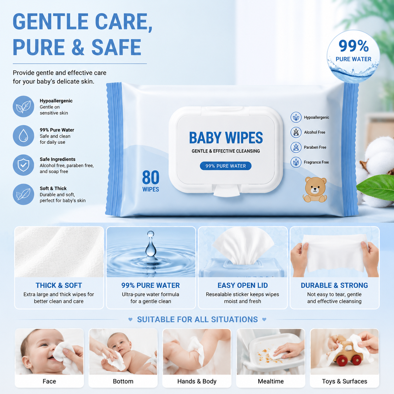 OEM Baby Wipes Manufacturer Alcohol Free Unscented Baby Wet Wipes Wholesale Ideal for Home Travel and Nursery