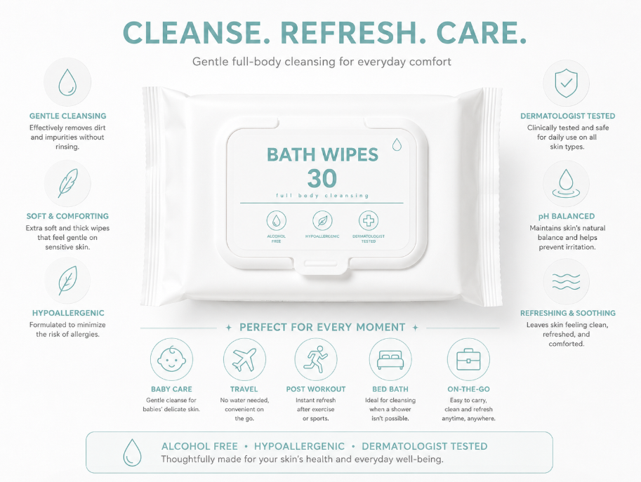 Portable Extra Thick Rinse-free Body Wipes, Custom Disposable Cleansing Wipes for Adults