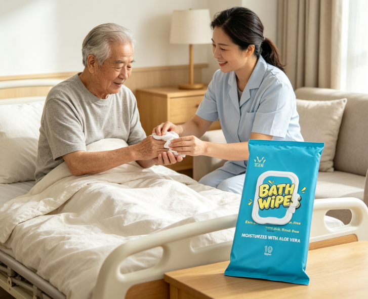Thickened needle-punched nonwoven bath wipes with aloe vera and vitamin E